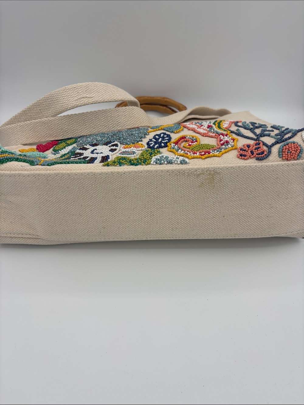 Sol and Mer Beaded Seahorse Canvas Tote with Bamboo Handles - Natural - Picture 6 of 12